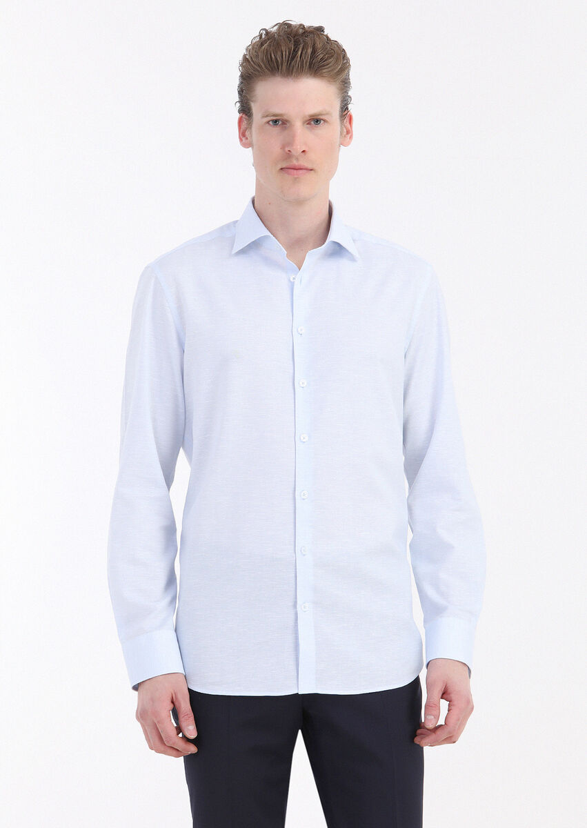 Light Blue Plain Regular Fit Weaving Classical Cotton Blended Shirt - 2