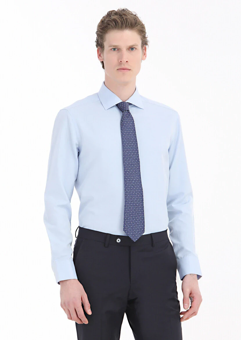 Light Blue Plain Regular Fit Weaving Classical Cotton Blended Shirt 