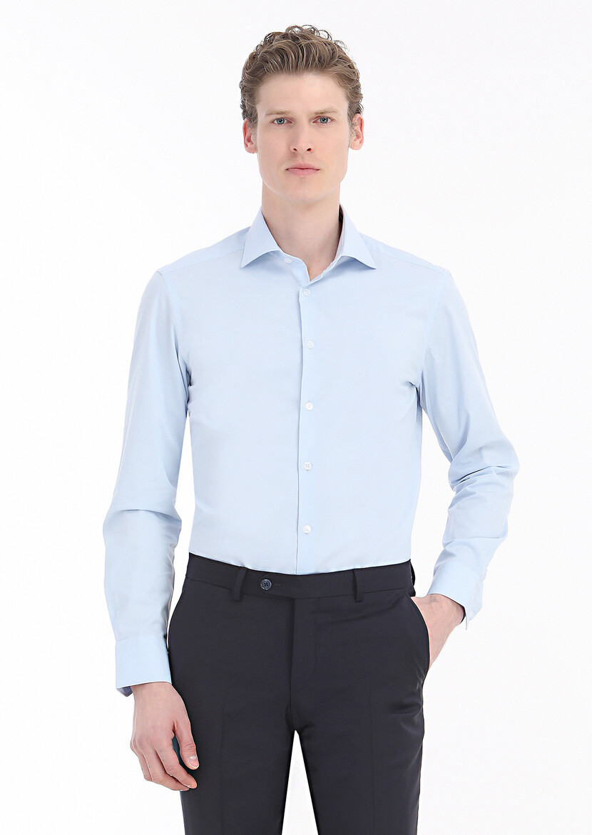 Light Blue Plain Regular Fit Weaving Classical Cotton Blended Shirt - 3