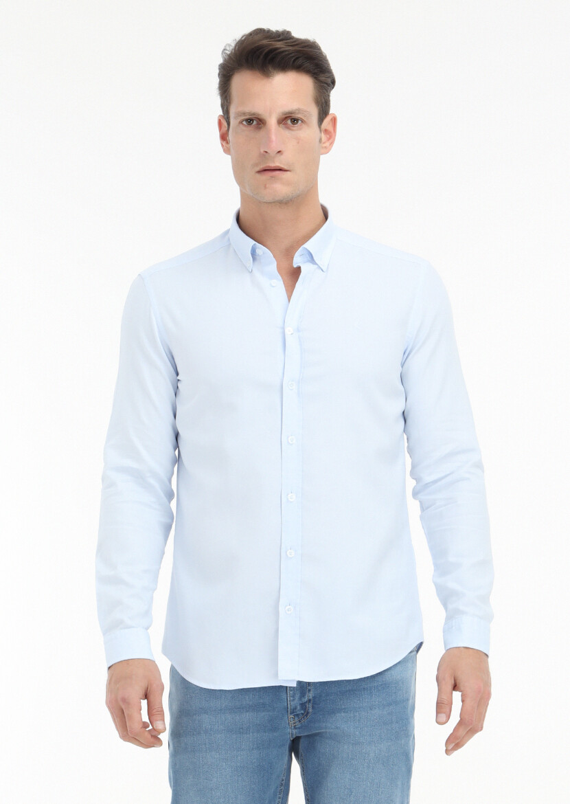 Light Blue Plain Slim Fit Long Weaving Casual 100% Cotton Shirt 