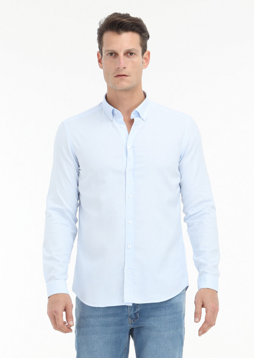Light Blue Plain Slim Fit Long Weaving Casual 100% Cotton Shirt - 2
