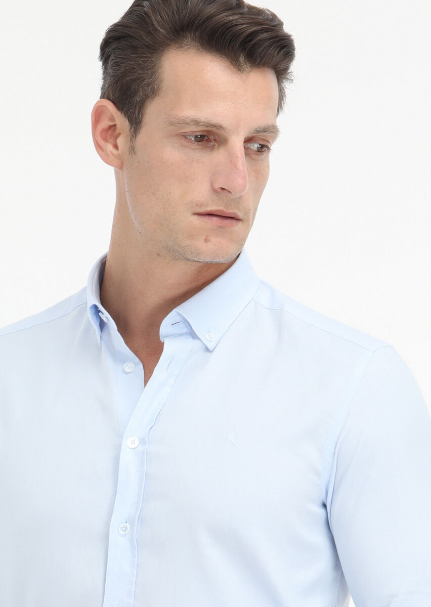 Light Blue Plain Slim Fit Long Weaving Casual 100% Cotton Shirt - 3