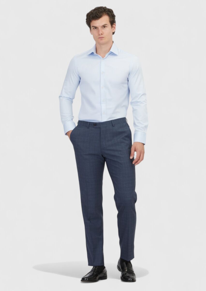 Light Blue Plain Slim Fit Long Weaving Classical 100% Cotton Shirt - 2