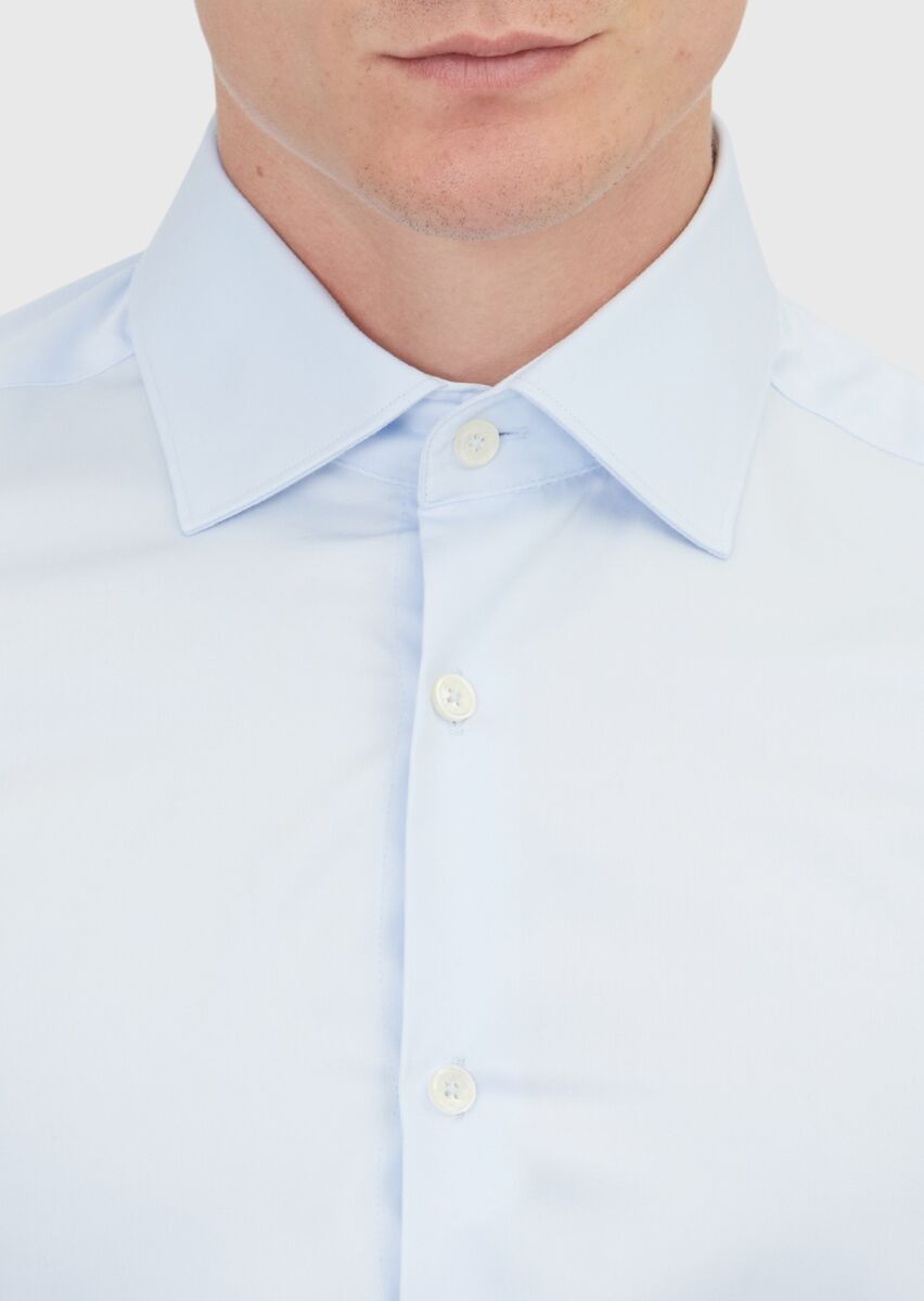 Light Blue Plain Slim Fit Long Weaving Classical 100% Cotton Shirt - 3
