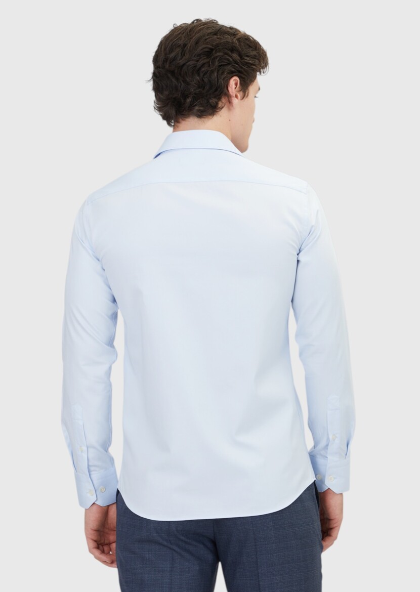 Light Blue Plain Slim Fit Long Weaving Classical 100% Cotton Shirt - 5