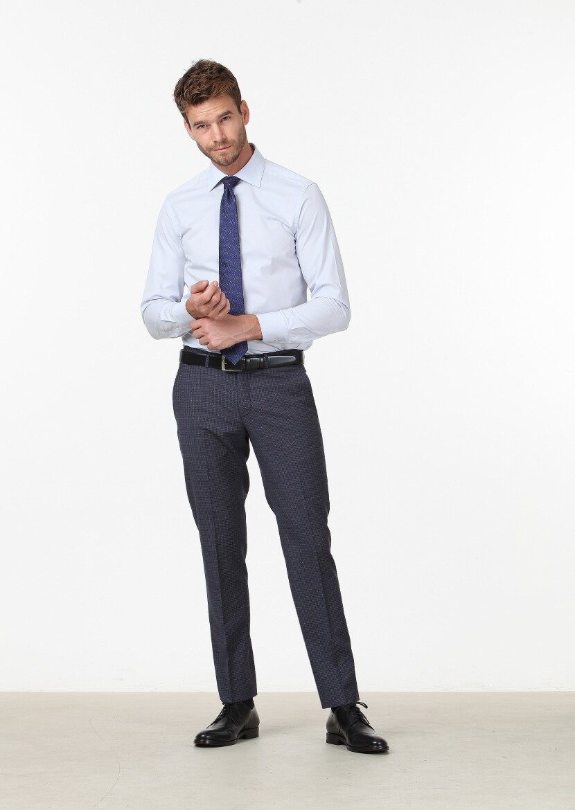 Light Blue Plain Slim Fit Long Weaving Classical Cotton Blended Shirt 