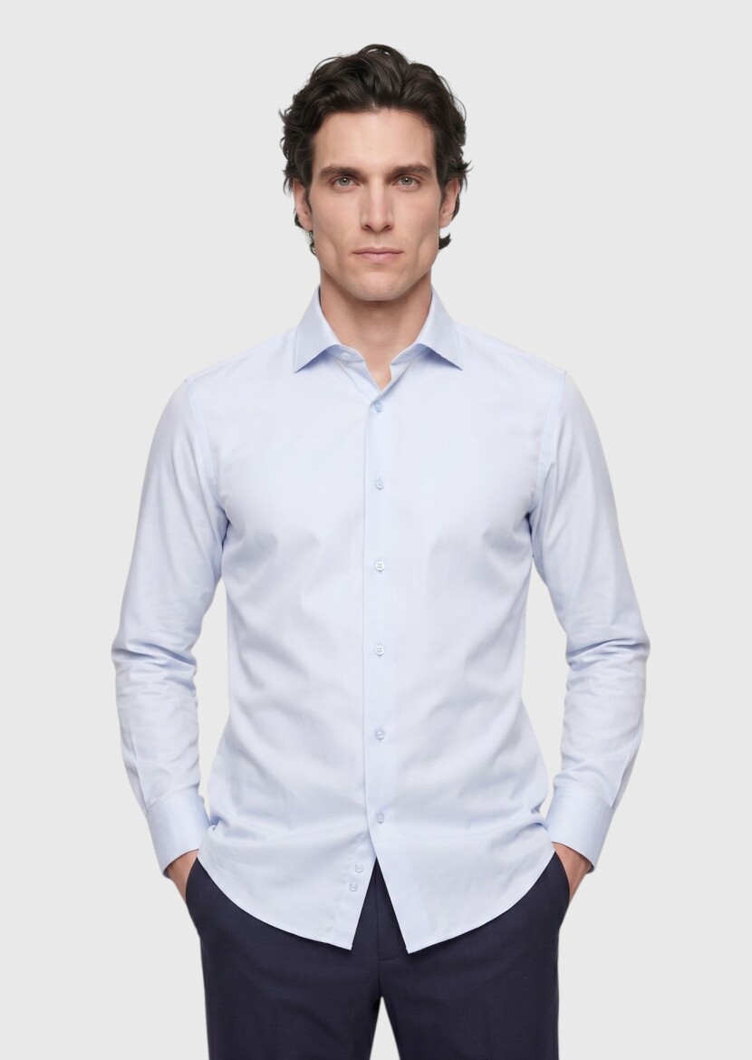 Light Blue Plain Slim Fit Long Weaving Classical Cotton Blended Shirt - RAMSEY