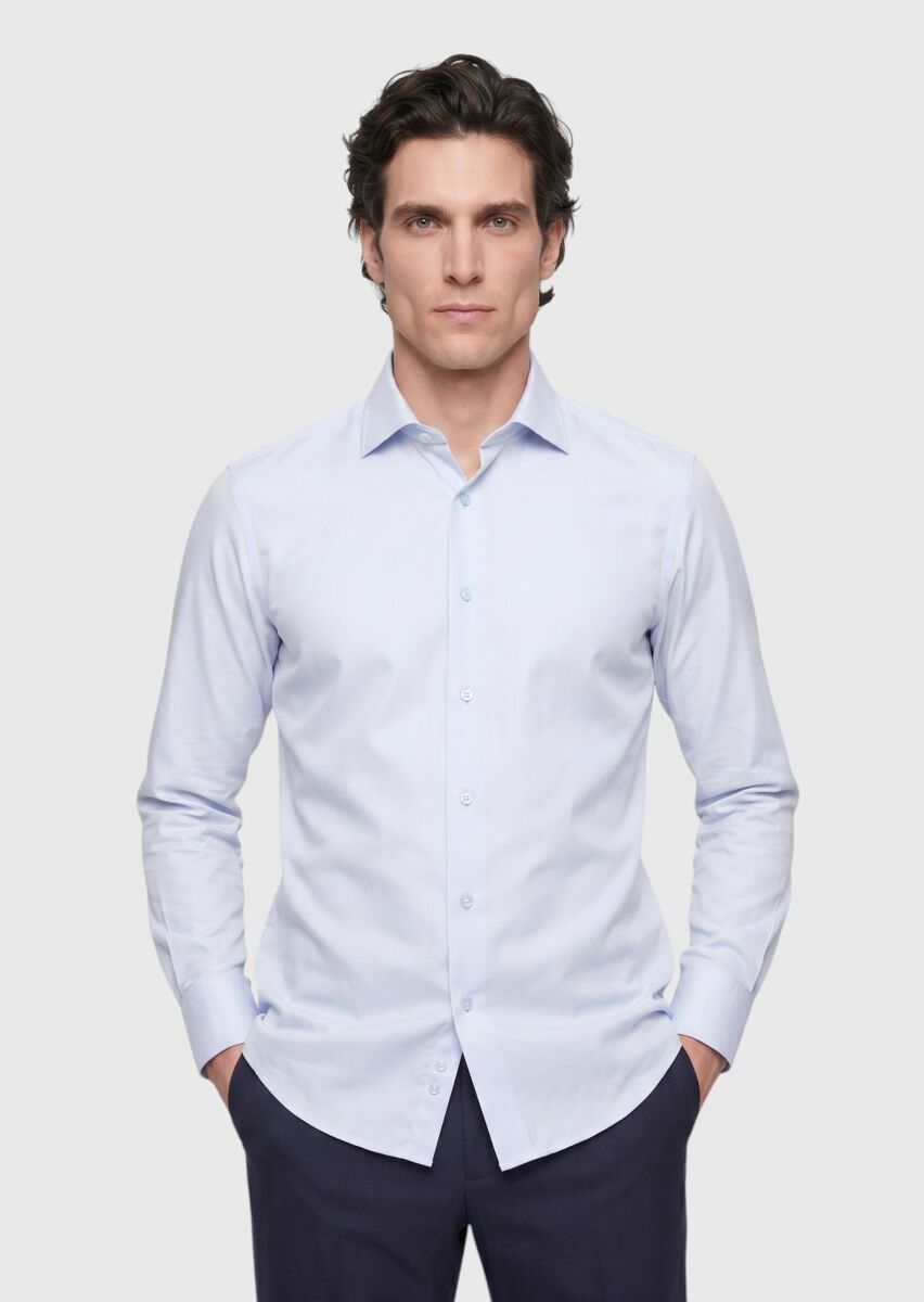 Light Blue Plain Slim Fit Long Weaving Classical Cotton Blended Shirt - 1