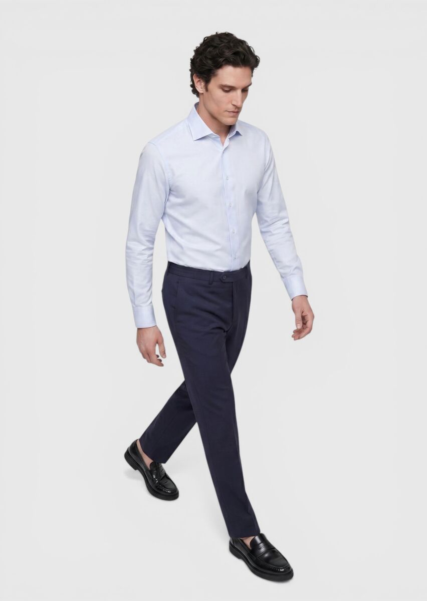 Light Blue Plain Slim Fit Long Weaving Classical Cotton Blended Shirt - 2