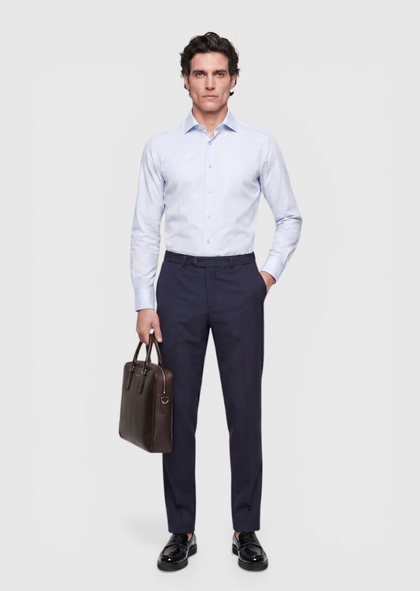 Light Blue Plain Slim Fit Long Weaving Classical Cotton Blended Shirt - 3