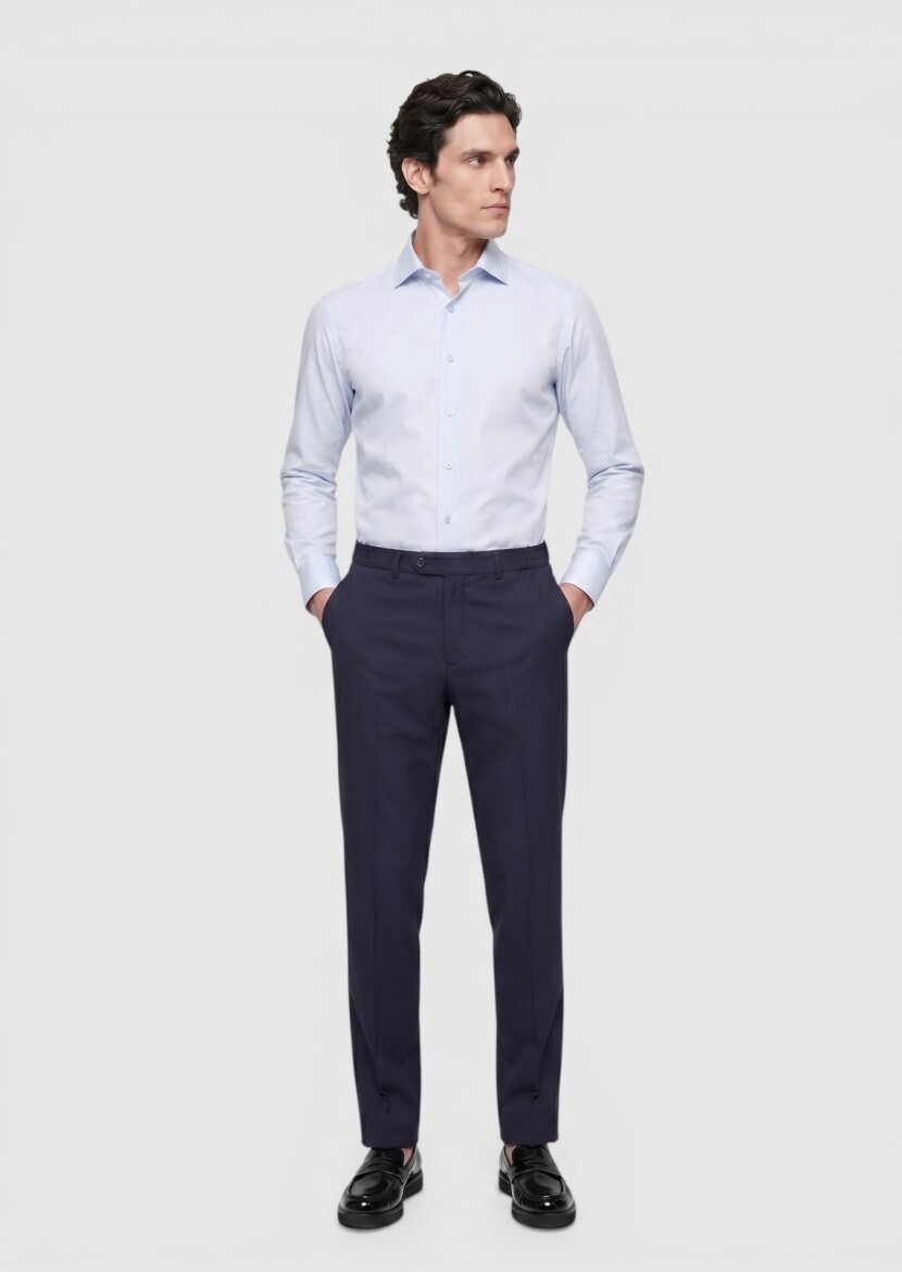 Light Blue Plain Slim Fit Long Weaving Classical Cotton Blended Shirt - 4