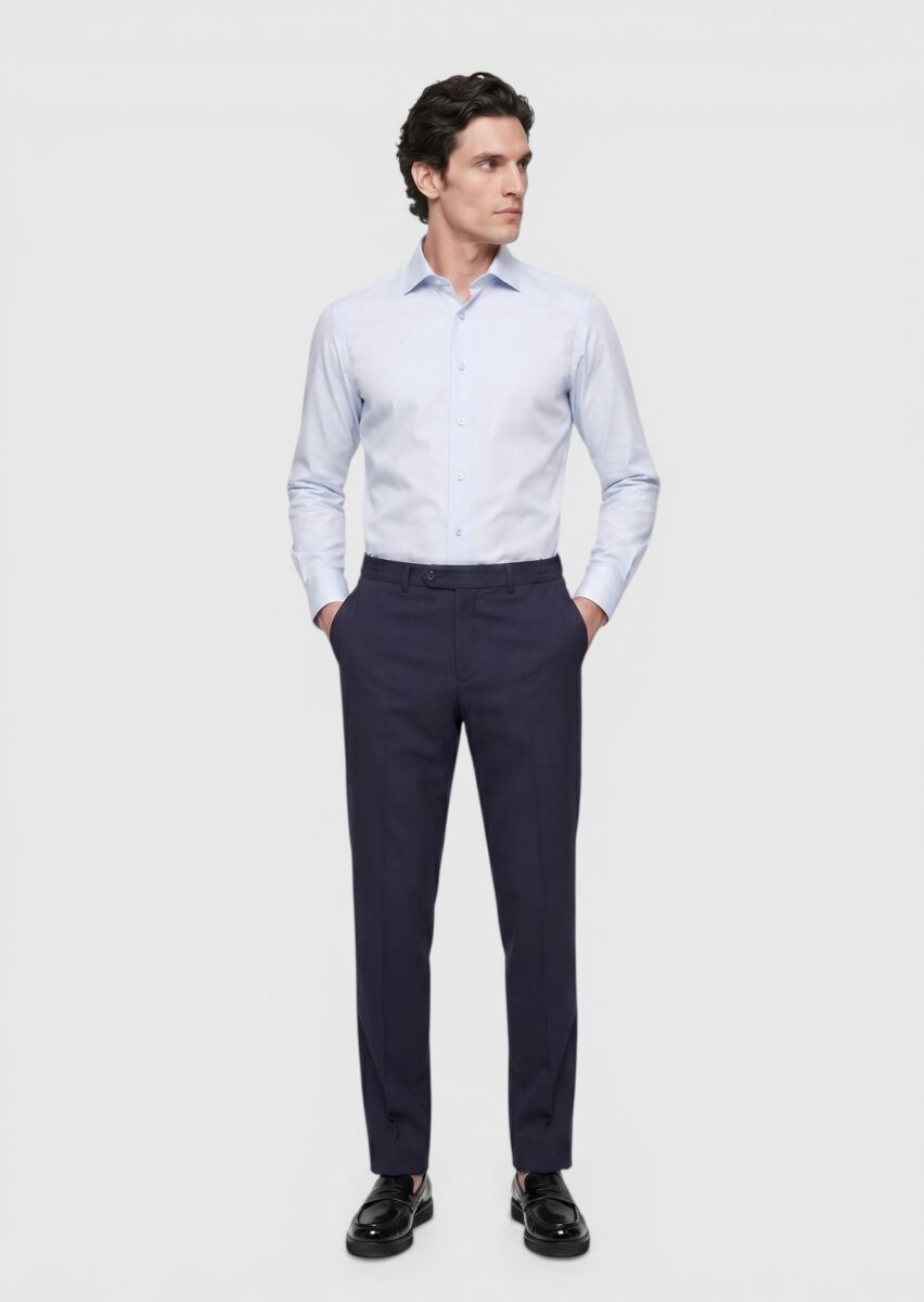 Light Blue Plain Slim Fit Long Weaving Classical Cotton Blended Shirt - 4