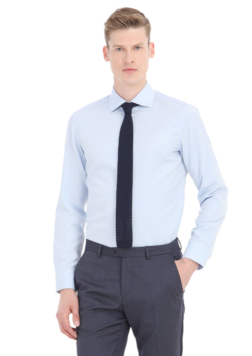 Light Blue Plain Slim Fit Long Weaving Classical Cotton Blended Shirt - 2