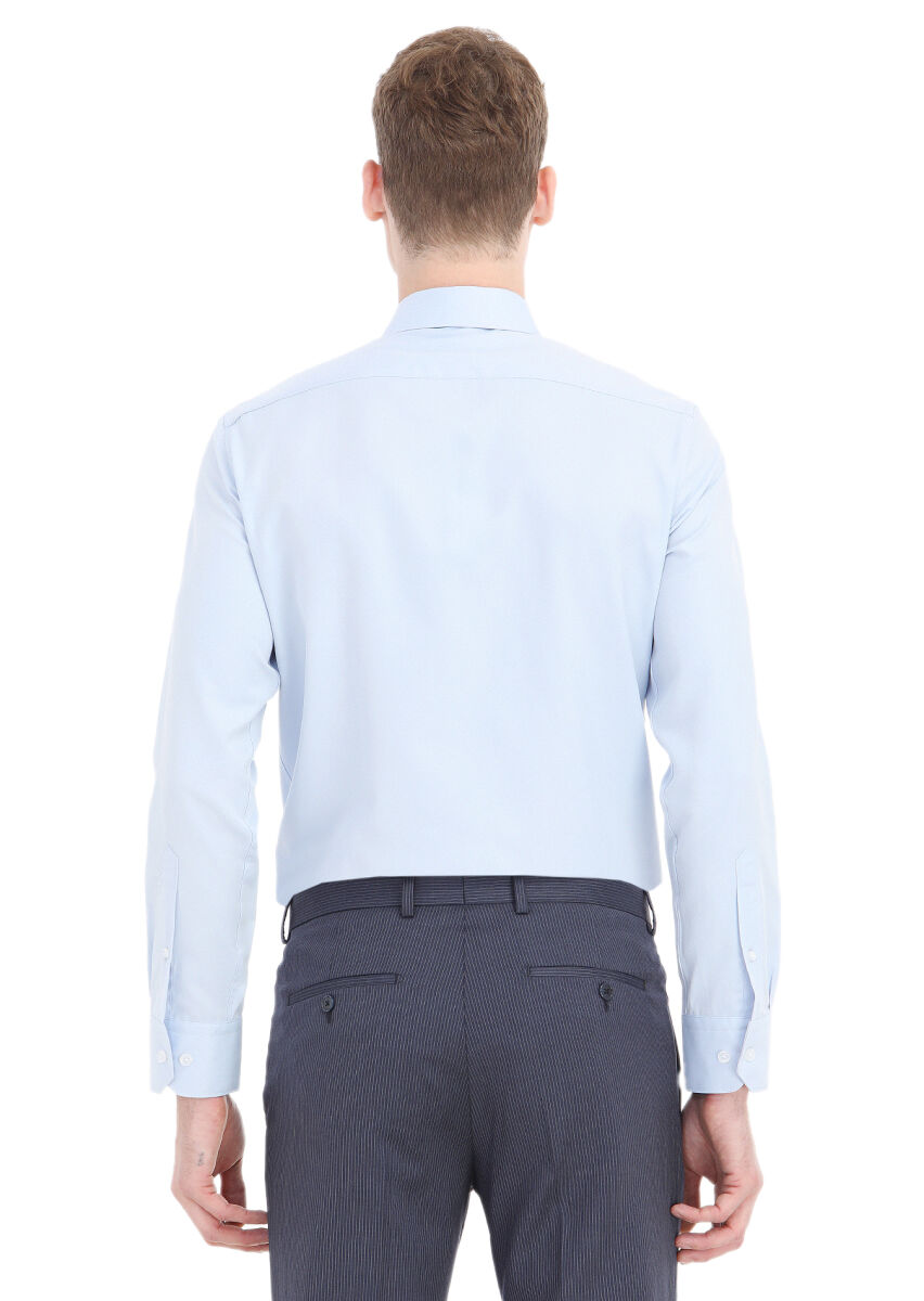 Light Blue Plain Slim Fit Long Weaving Classical Cotton Blended Shirt - 4