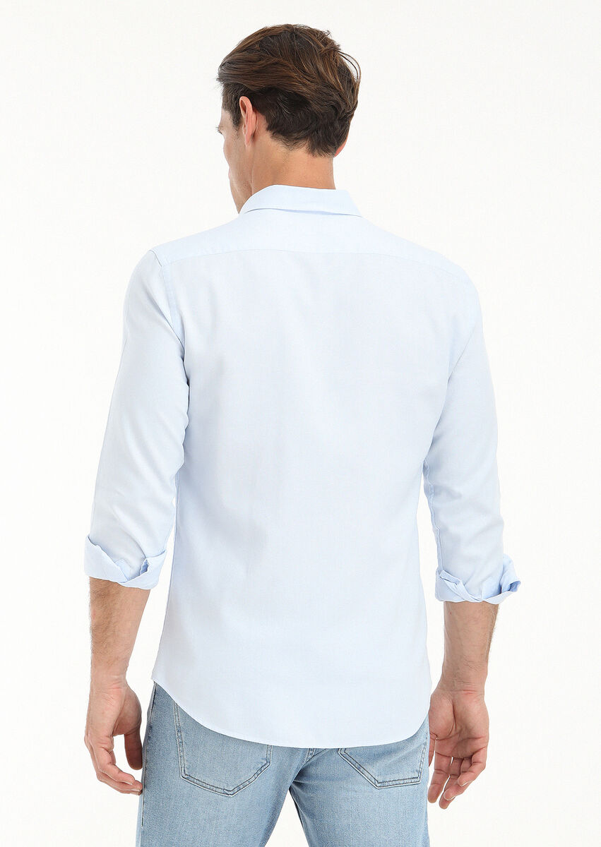 Light Blue Plain Slim Fit Weaving Casual 100% Cotton Shirt - 4