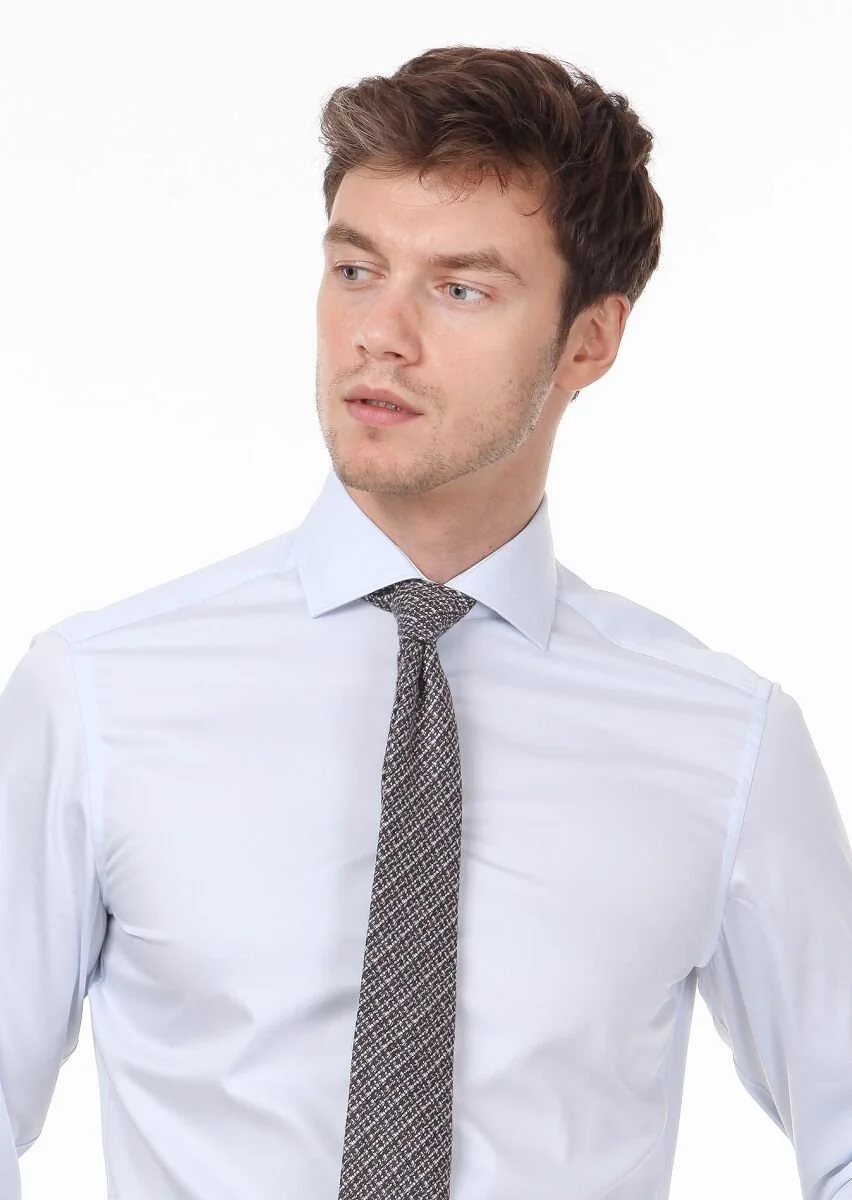Light Blue Plain Slim Fit Weaving Classical 100% Cotton Shirt - 3