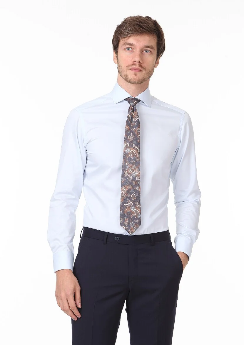 Light Blue Plain Slim Fit Weaving Classical 100% Cotton Shirt - 1