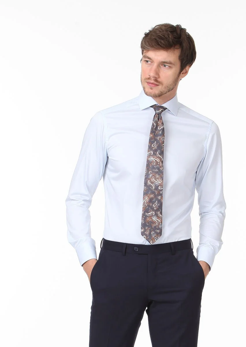 Light Blue Plain Slim Fit Weaving Classical 100% Cotton Shirt - 3