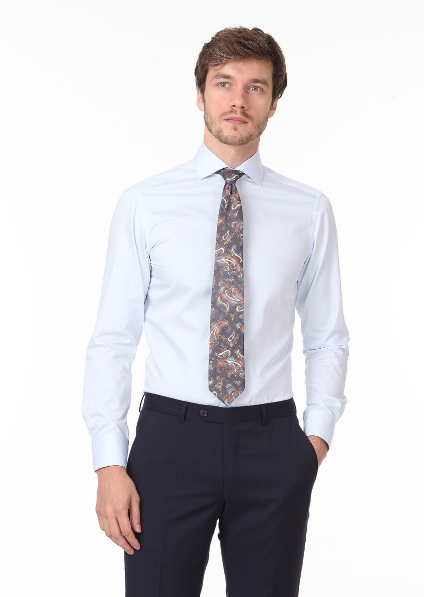 Light Blue Plain Slim Fit Weaving Classical 100% Cotton Shirt - 1