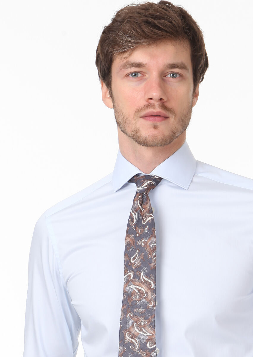 Light Blue Plain Slim Fit Weaving Classical 100% Cotton Shirt - 2