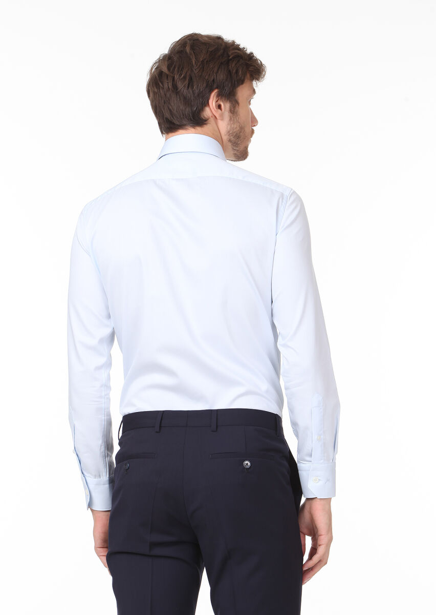 Light Blue Plain Slim Fit Weaving Classical 100% Cotton Shirt - 4