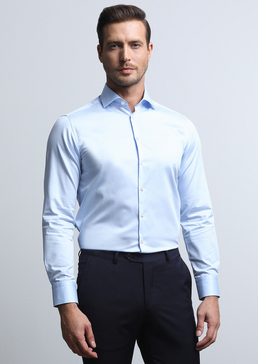 Light Blue Plain Slim Fit Weaving Classical 100% Cotton Shirt - 2