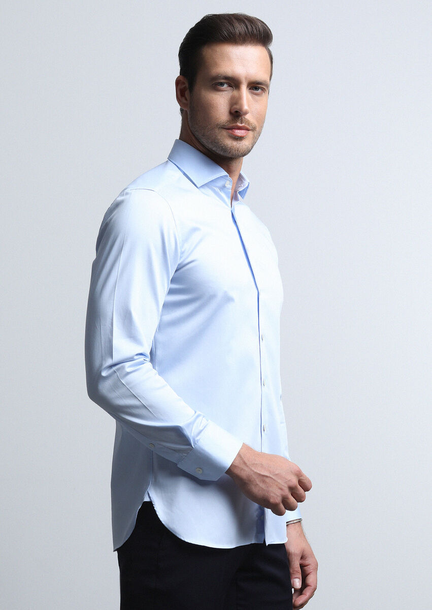 Light Blue Plain Slim Fit Weaving Classical 100% Cotton Shirt - 3