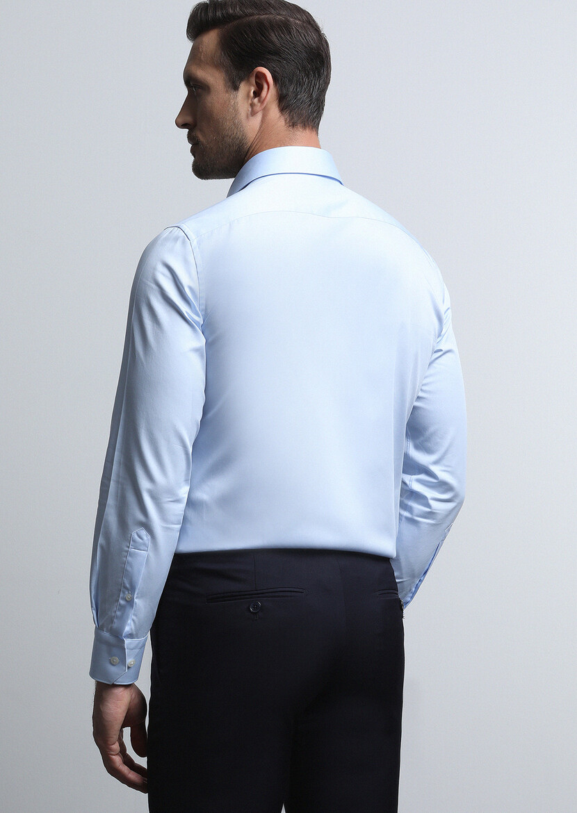 Light Blue Plain Slim Fit Weaving Classical 100% Cotton Shirt - 5