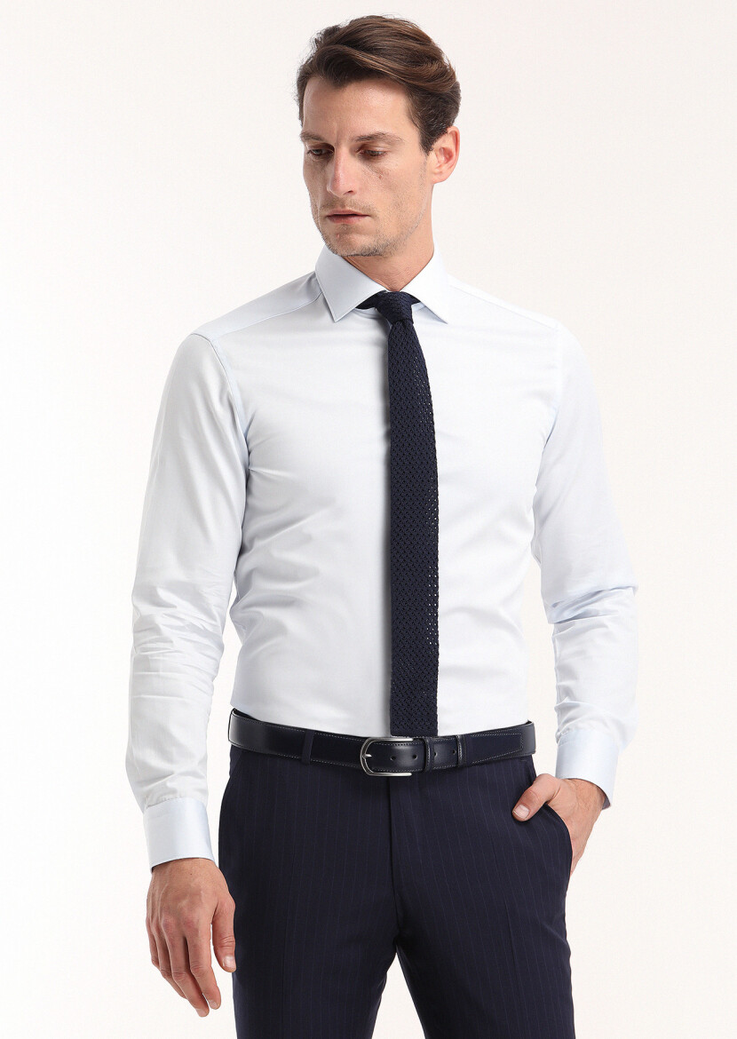 Light Blue Plain Slim Fit Weaving Classical 100% Cotton Shirt - RAMSEY