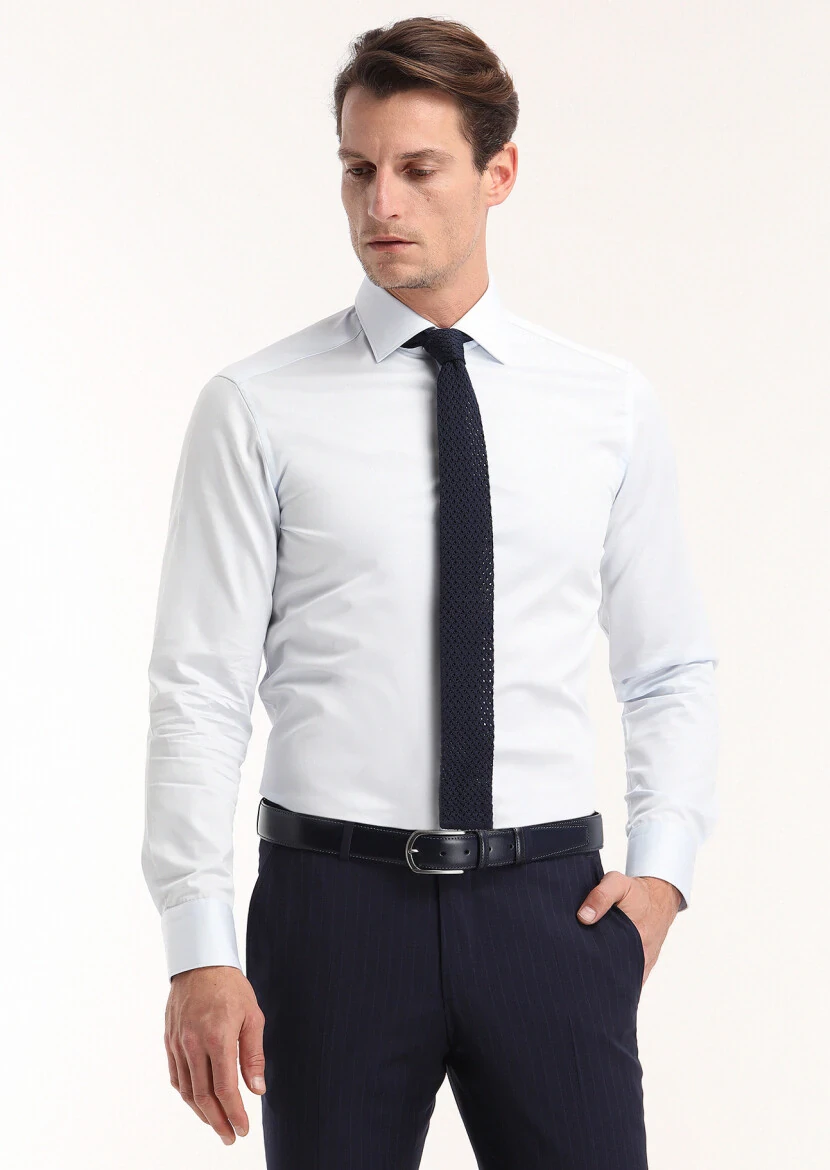 Light Blue Plain Slim Fit Weaving Classical 100% Cotton Shirt - RAMSEY