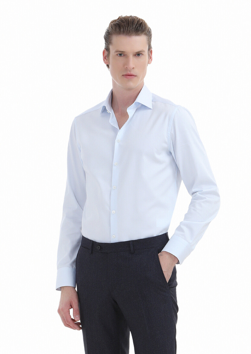 Light Blue Plain Slim Fit Weaving Classical 100% Cotton Shirt 