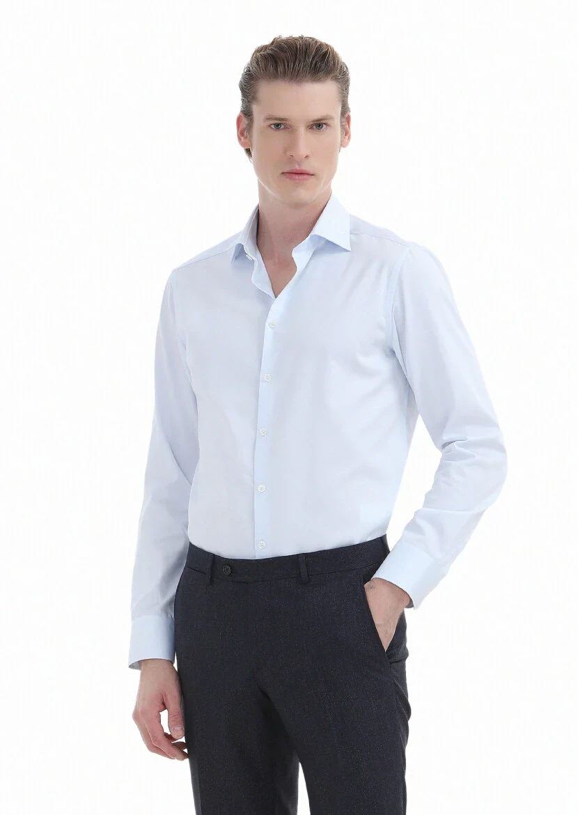 Light Blue Plain Slim Fit Weaving Classical 100% Cotton Shirt - 1