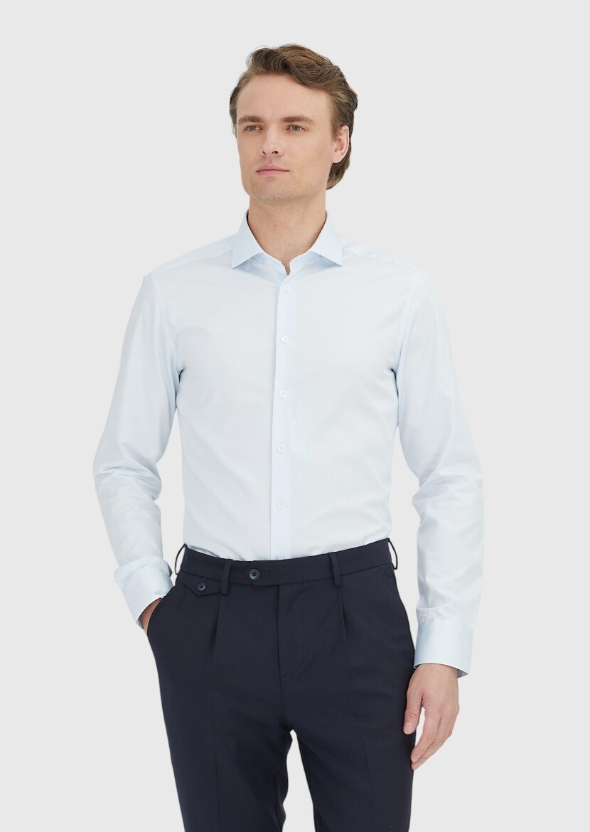 Light Blue Plain Slim Fit Weaving Classical 100% Cotton Shirt 