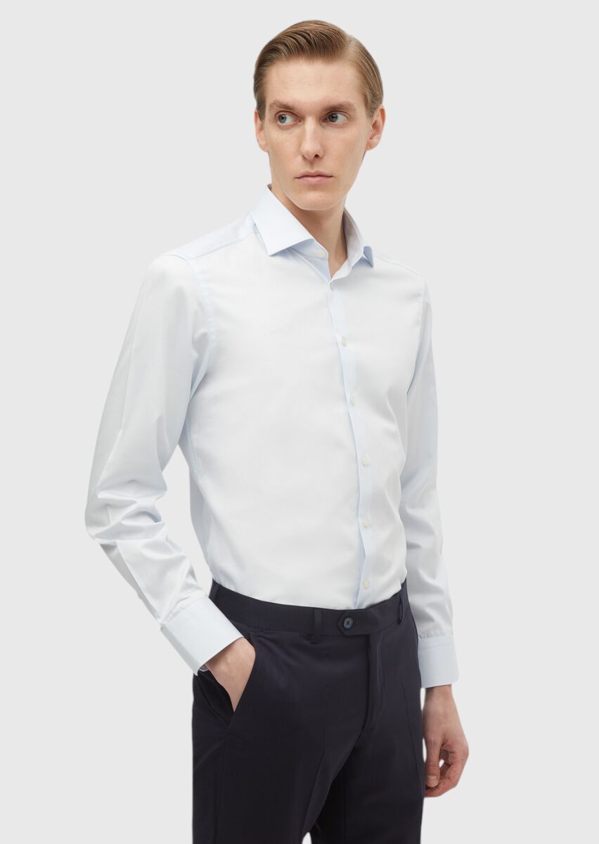 Light Blue Plain Slim Fit Weaving Classical 100% Cotton Shirt - 1