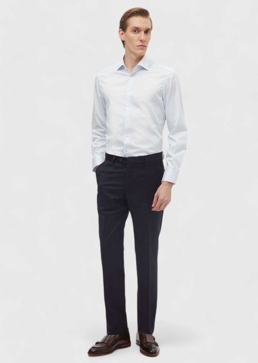 Light Blue Plain Slim Fit Weaving Classical 100% Cotton Shirt - 2