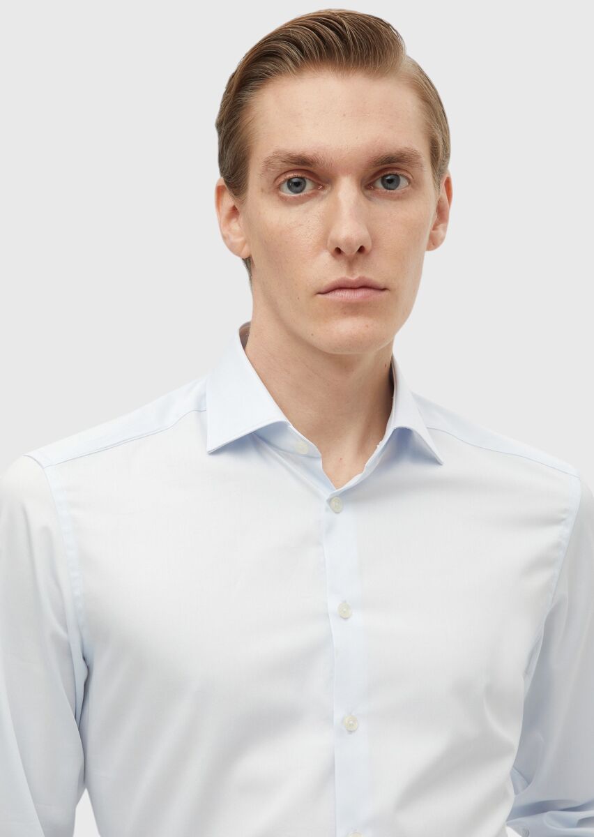 Light Blue Plain Slim Fit Weaving Classical 100% Cotton Shirt - 3