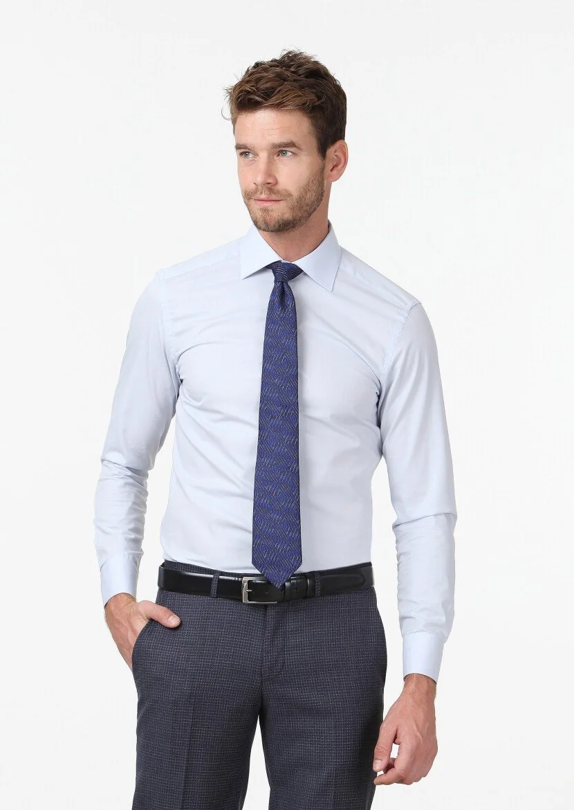 Light Blue Plain Slim Fit Weaving Classical Cotton Blended Shirt 