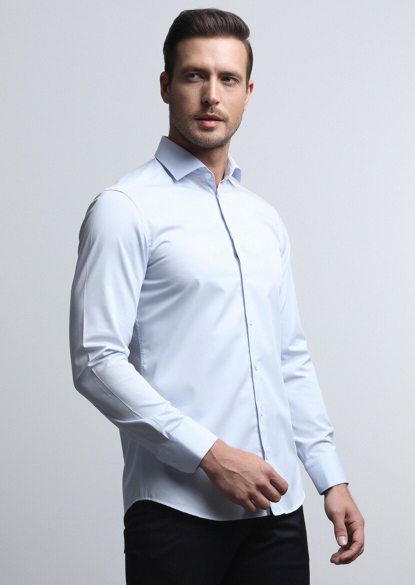 Light Blue Plain Slim Fit Weaving Classical Cotton Blended Shirt - 3