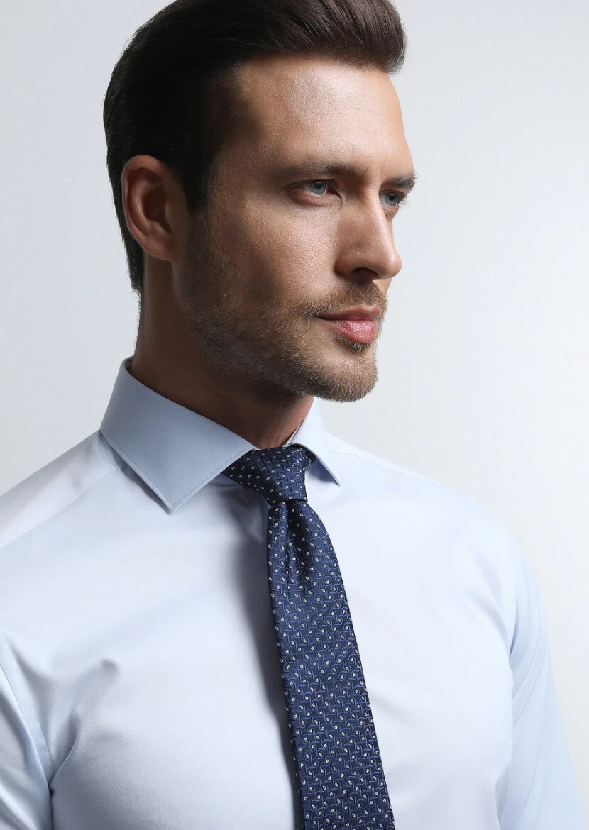 Light Blue Plain Slim Fit Weaving Classical Cotton Blended Shirt - RAMSEY