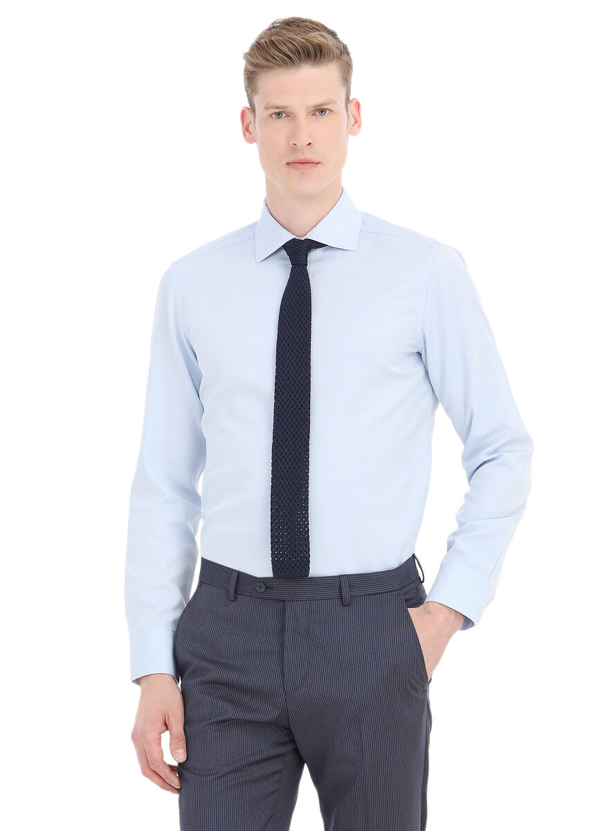 Light Blue Plain Slim Fit Weaving Classical Cotton Blended Shirt - 2