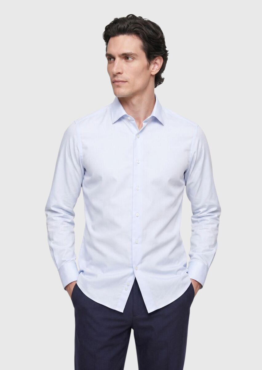 Light Blue Plain Super Slim Fit Long Weaving Classical 100% Cotton Shirt - 1