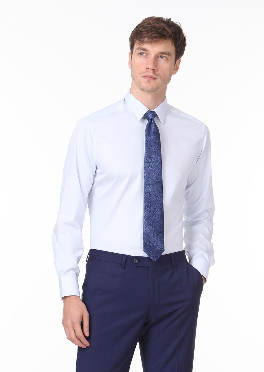 Light Blue Plain Super Slim Fit Weaving Classical 100% Cotton Shirt - 3