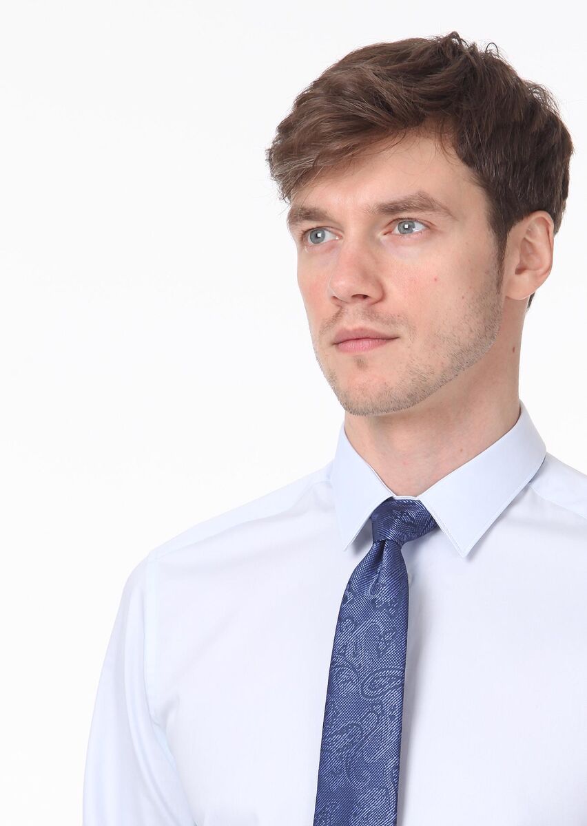 Light Blue Plain Super Slim Fit Weaving Classical 100% Cotton Shirt - 1
