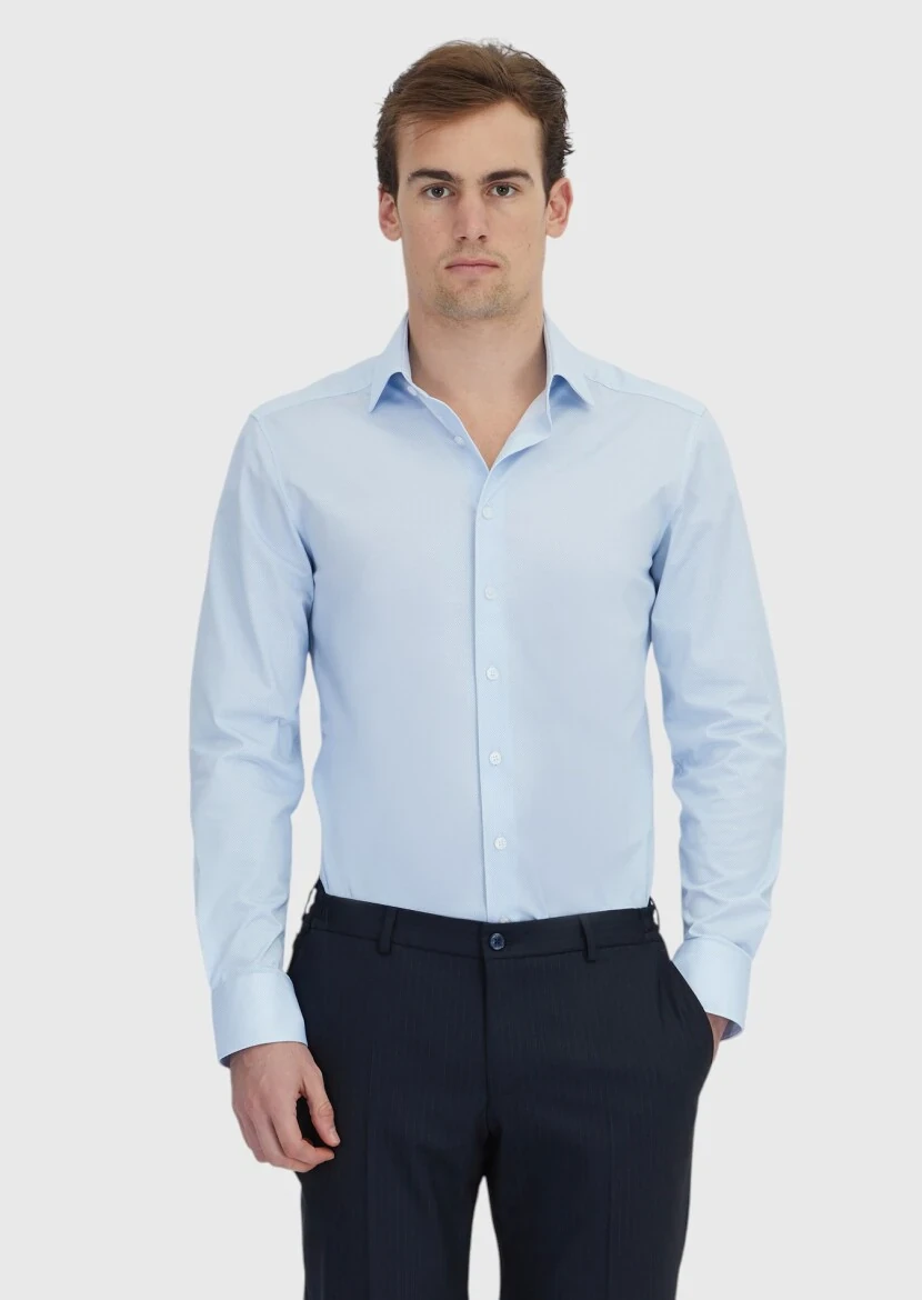 Light Blue Printed Regular Fit Knitting Classical Cotton Blended Shirt - RAMSEY