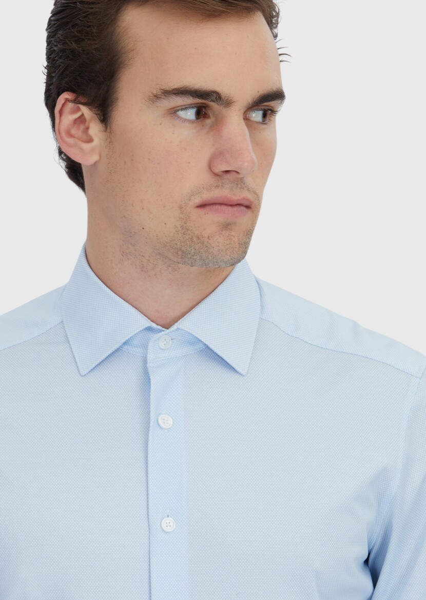 Light Blue Printed Regular Fit Knitting Classical Cotton Blended Shirt - 3