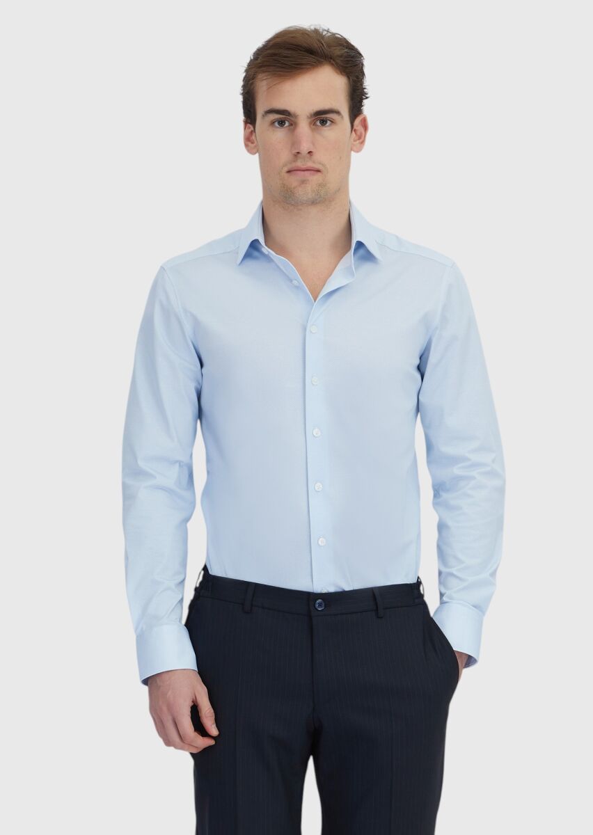 Light Blue Printed Regular Fit Long Knitting Classical Cotton Blended Shirt - 1