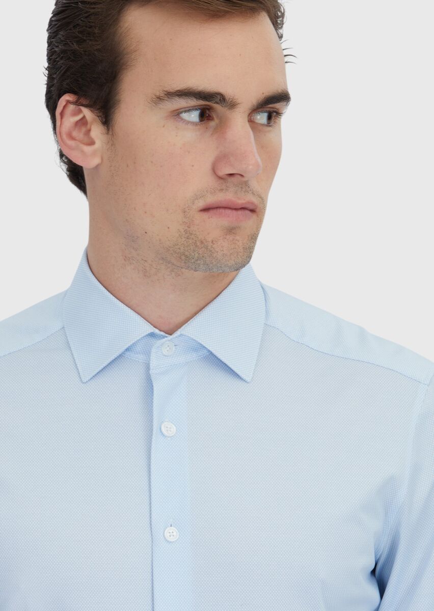 Light Blue Printed Regular Fit Long Knitting Classical Cotton Blended Shirt - 3