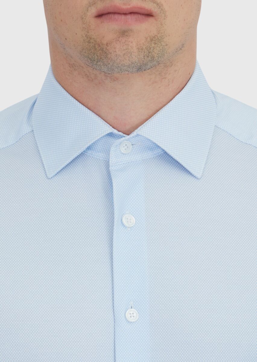 Light Blue Printed Regular Fit Long Knitting Classical Cotton Blended Shirt - 4