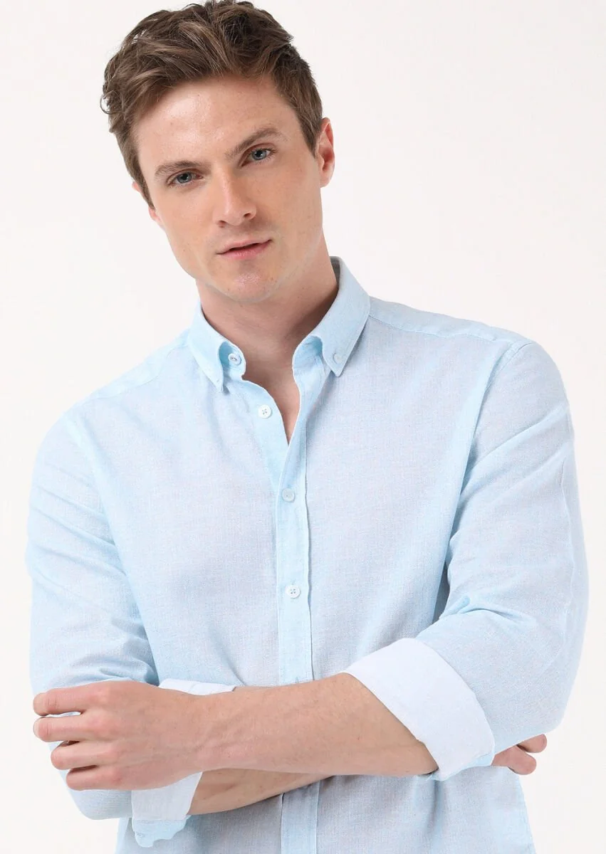 Light Blue Printed Regular Fit Weaving Casual Cotton Blended Shirt - 1