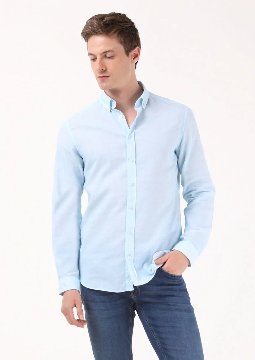 Light Blue Printed Regular Fit Weaving Casual Cotton Blended Shirt - 4